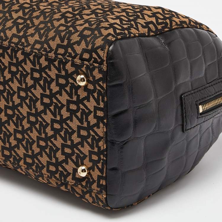 Pre Owned DKNY Brown/Black Signature Canvas and Croc Embossed Leather Satchel