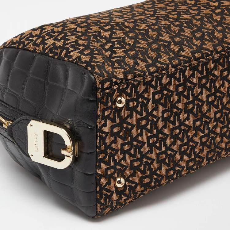 Pre Owned DKNY Brown/Black Signature Canvas and Croc Embossed Leather Satchel
