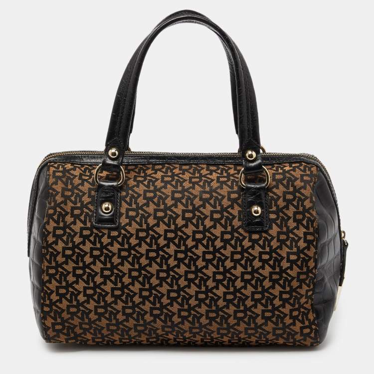 Pre Owned DKNY Brown/Black Signature Canvas and Croc Embossed Leather Satchel