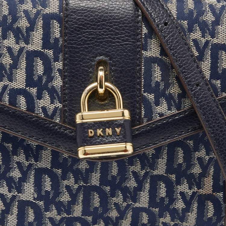Pre Owned DKNY Blue Signature Canvas and Leather Top Handle Bag