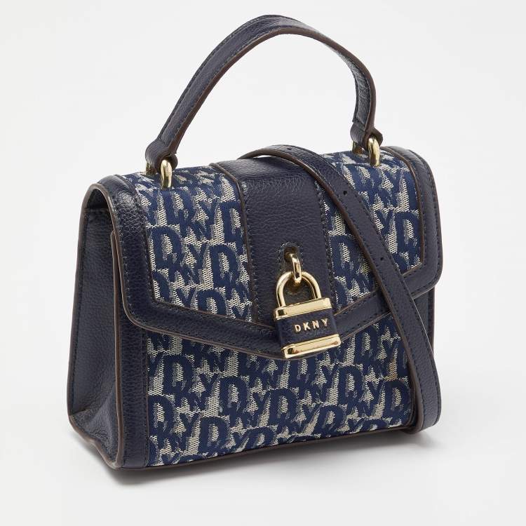 Pre Owned DKNY Blue Signature Canvas and Leather Top Handle Bag