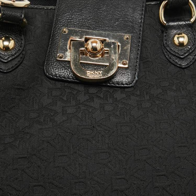 Pre Owned Dkny Black Monogram Canvas and Leather Flap Tote