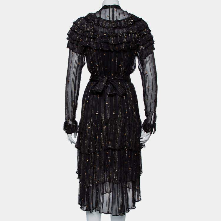 Pre Owned Dodo Bar Or Black Lurex Chiffon Ruffle Detail Tiered Belted Midi Dress M