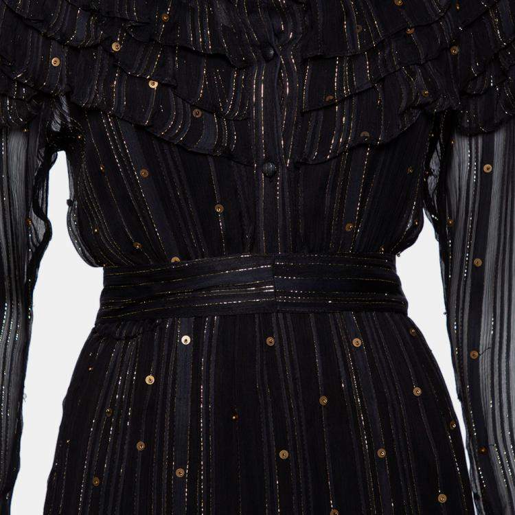 Pre Owned Dodo Bar Or Black Lurex Chiffon Ruffle Detail Tiered Belted Midi Dress M