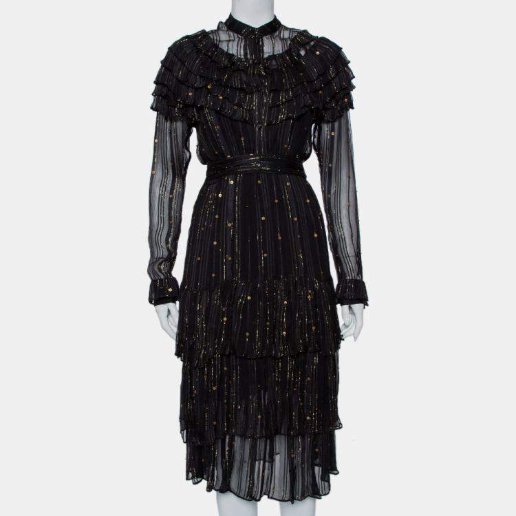Dodo Bar Or Black Lurex Chiffon Ruffle Detail Tiered Belted Midi Dress ...