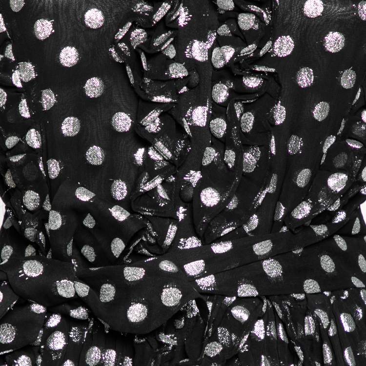 Pre Owned Dodo Baror Black & Silver Polka Dotted Chiffon Ruffle Trimmed Belted Dress M