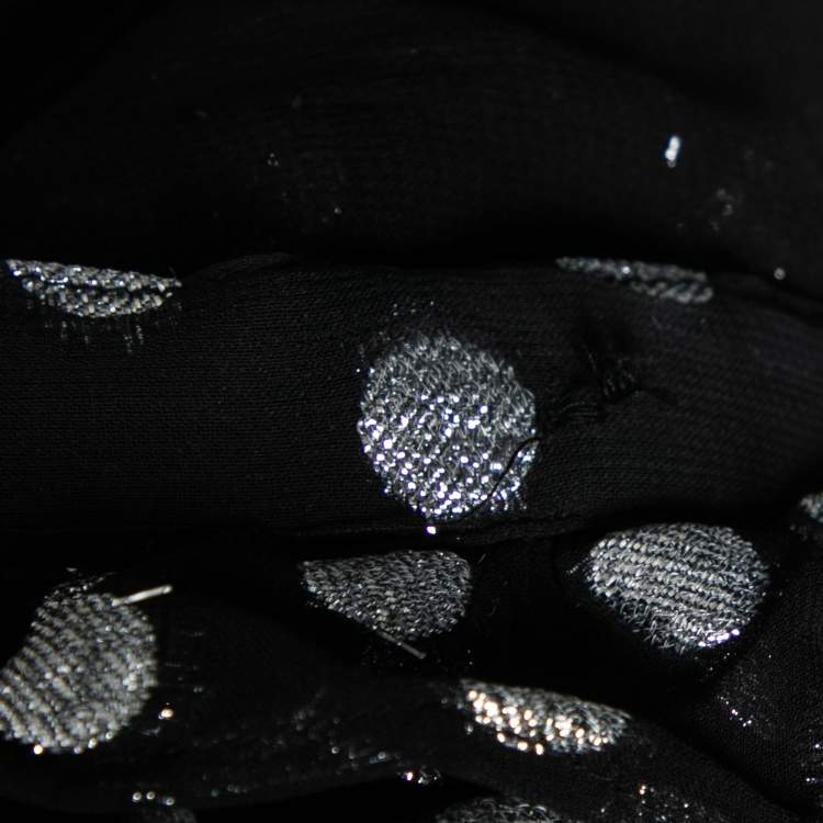 Pre Owned Dodo Baror Black & Silver Polka Dotted Chiffon Ruffle Trimmed Belted Dress M