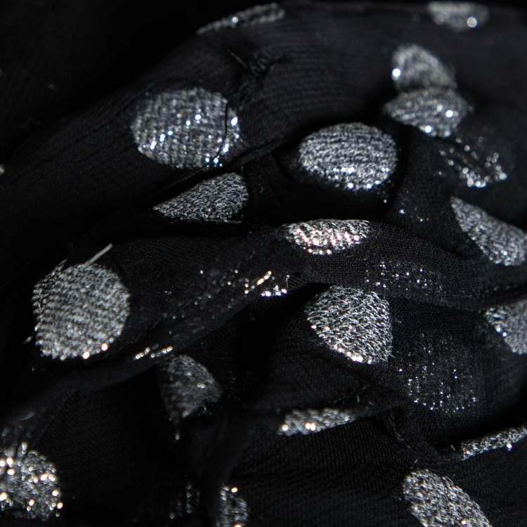 Pre Owned Dodo Baror Black & Silver Polka Dotted Chiffon Ruffle Trimmed Belted Dress M