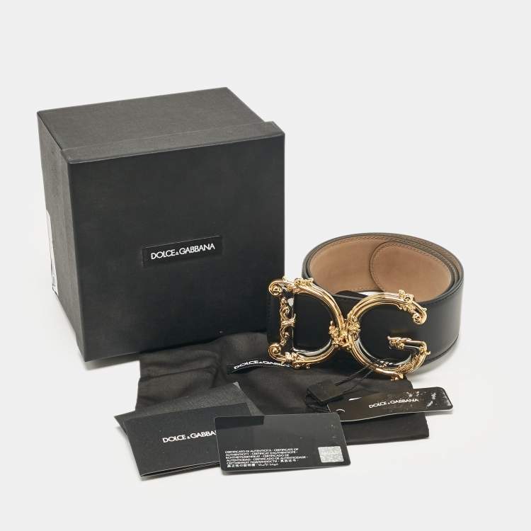 Pre Owned Dolce & Gabbana Black Leather Baroque Logo Buckle Belt 85CM