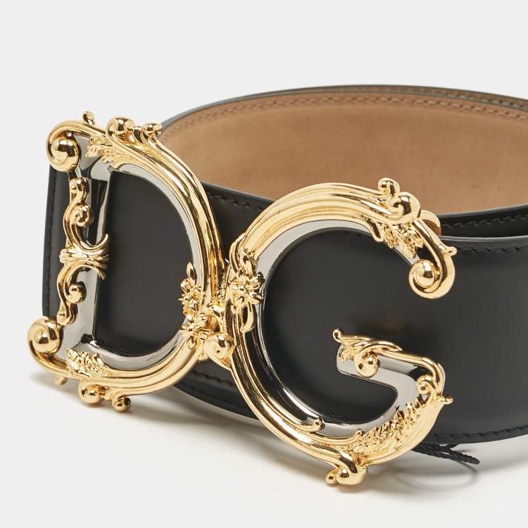 Dolce & Gabbana Black Leather Baroque Logo Buckle Belt 85CM
