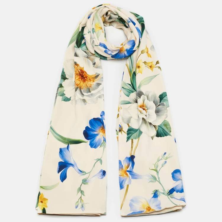 Pre Owned Dolce & Gabbana White Floral Print Stretch Silk Hijab Scarf