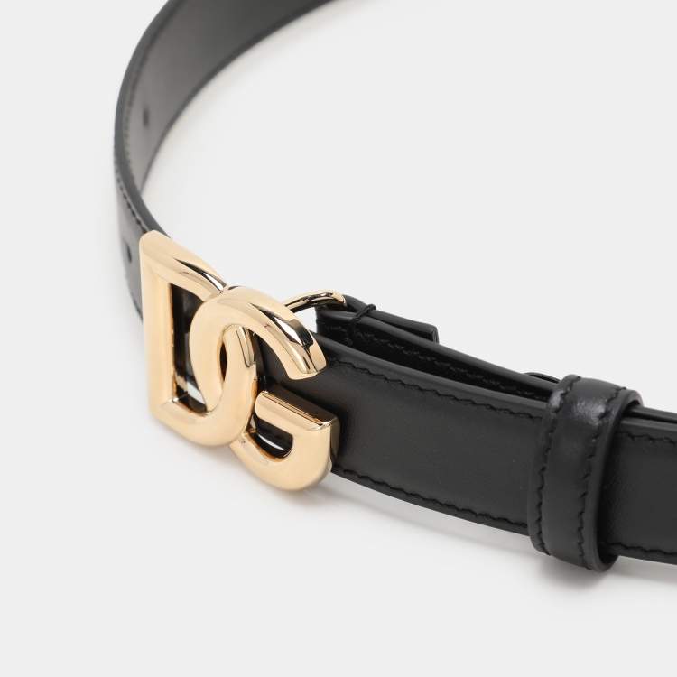 Pre Owned Dolce & Gabbana Black Leather DG Logo Buckle Belt 90 CM