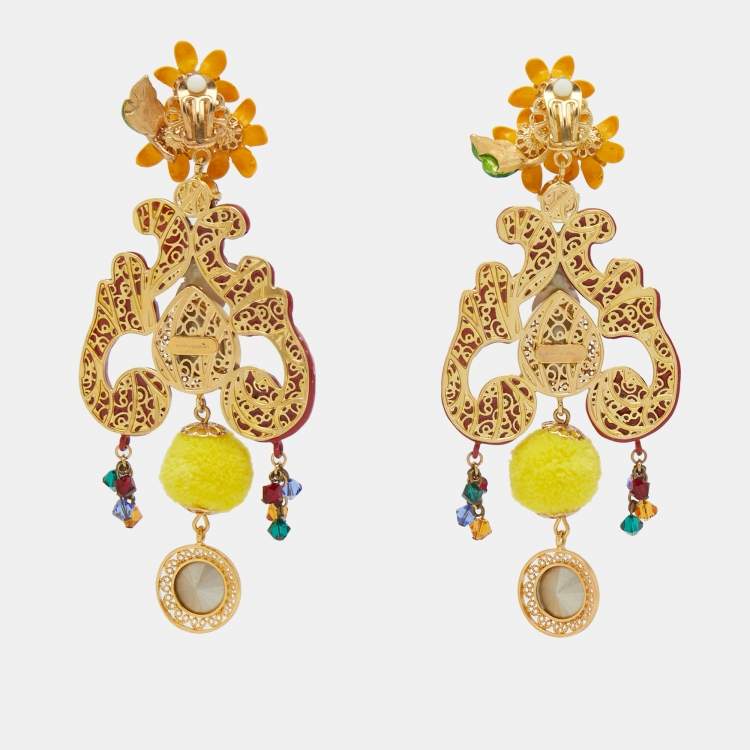 مملوكة مسبقًا Dolce & Gabbana  Multi Color Composite Crystals Fabric Gold Tone Earrings