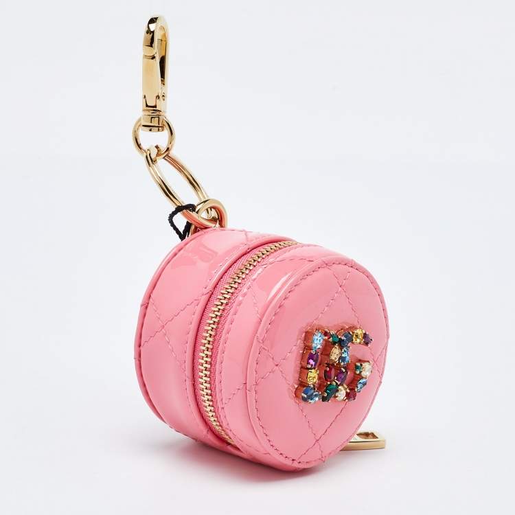 Pre Owned Dolce & Gabbana Pink Patent Leather DG Crystal Embellished Key Chain Purse