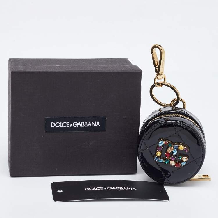 Pre Owned Dolce & Gabbana Black Patent Leather DG Crystal Embellished Key Chain Purse