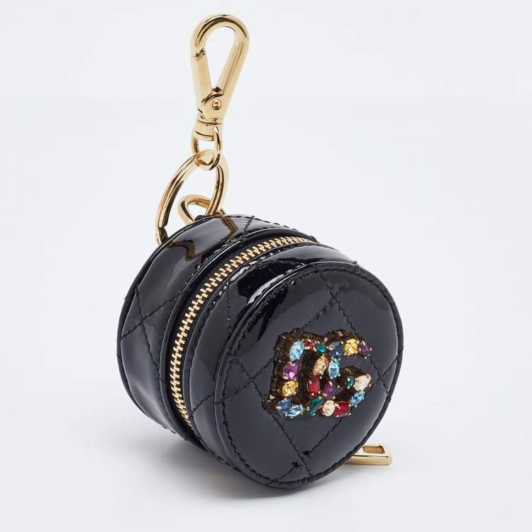 Pre Owned Dolce & Gabbana Black Patent Leather DG Crystal Embellished Key Chain Purse