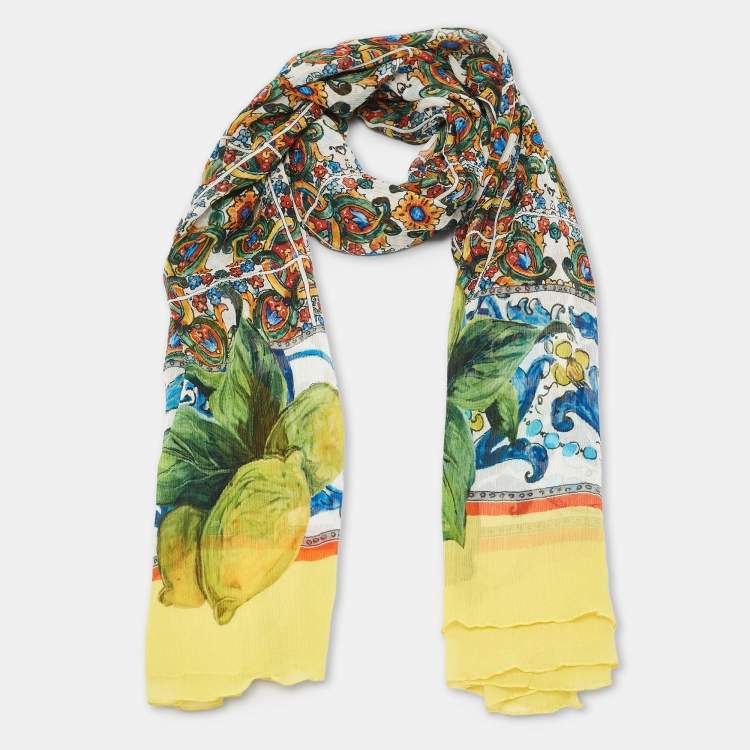 Pre Owned Dolce & Gabbana Yellow/Blue Majolica Print Crinkle Silk Stole
