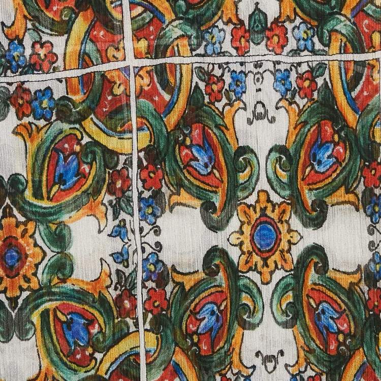 Pre Owned Dolce & Gabbana Yellow/Blue Majolica Print Crinkle Silk Stole