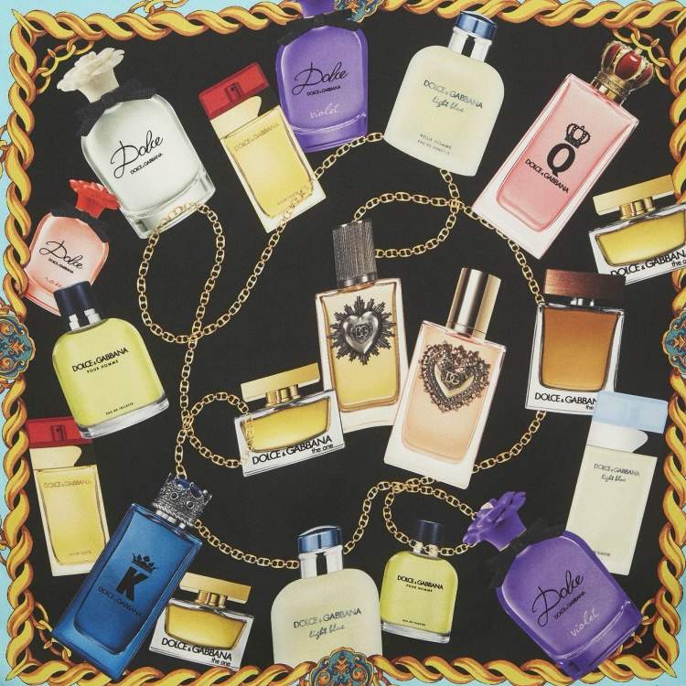 Pre Owned Dolce & Gabbana Blue Perfume Print Silk Square Scarf 