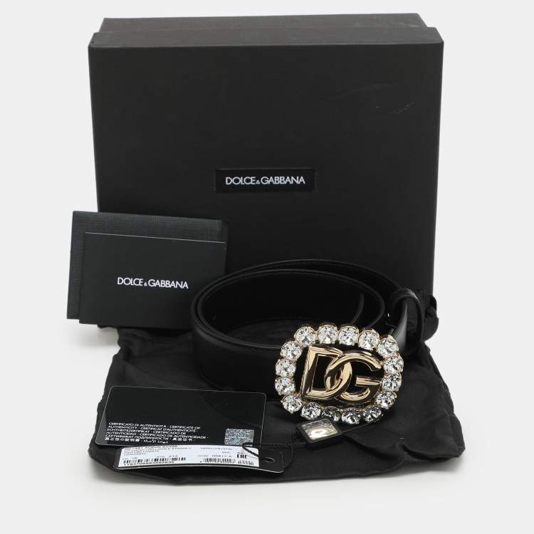 Pre Owned Dolce & Gabbana Black Leather Crystal Embellished Logo Belt 65CM