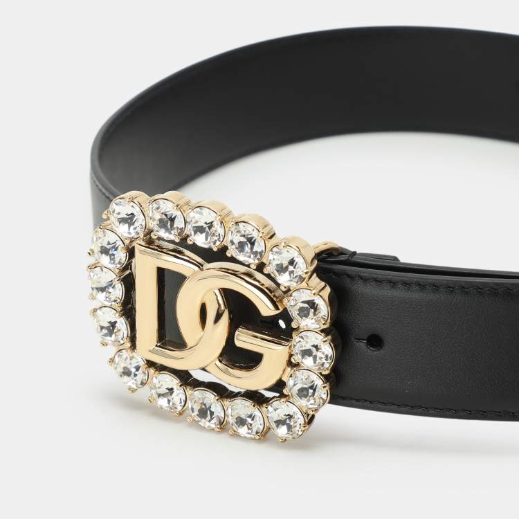Pre Owned Dolce & Gabbana Black Leather Crystal Embellished Logo Belt 65CM
