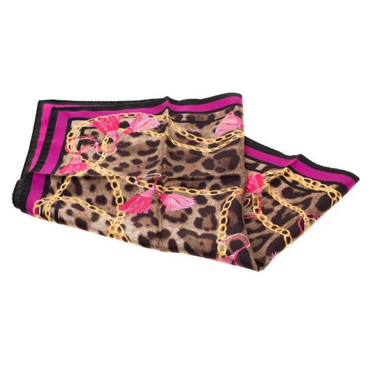 Pre Owned Dolce & Gabbana Brown Leopard and Tassel Chain Print Silk Square Scarf