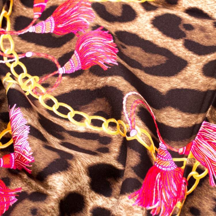 Pre Owned Dolce & Gabbana Brown Leopard and Tassel Chain Print Silk Square Scarf
