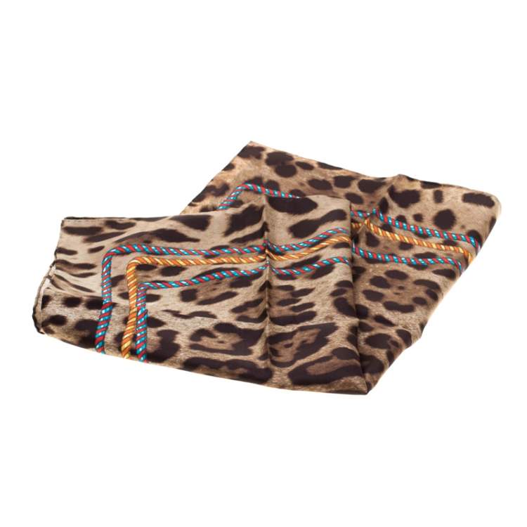 Pre Owned Dolce & Gabbana Brown Leopard and Tassel Print Silk Square Scarf