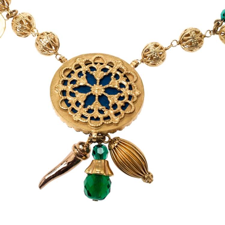 Pre Owned Dolce & Gabbana Multicolor Crystal Gold Tone Filigree Beaded Charm Necklace