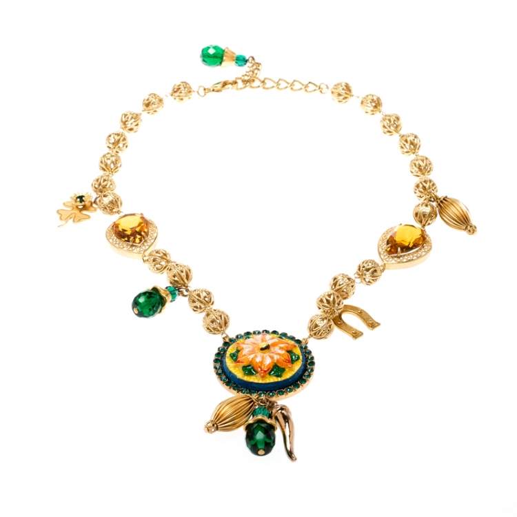 Pre Owned Dolce & Gabbana Multicolor Crystal Gold Tone Filigree Beaded Charm Necklace