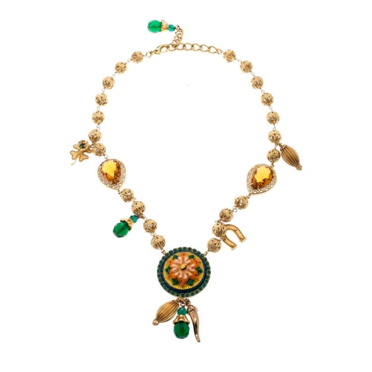 Pre Owned Dolce & Gabbana Multicolor Crystal Gold Tone Filigree Beaded Charm Necklace