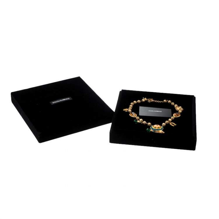 Pre Owned Dolce & Gabbana Multicolor Crystal Gold Tone Filigree Beaded Charm Necklace