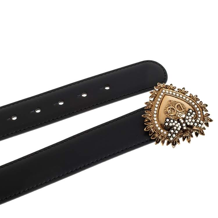 Pre Owned Dolce & Gabbana Black Leather Devotion Heart Buckle Belt 75cm