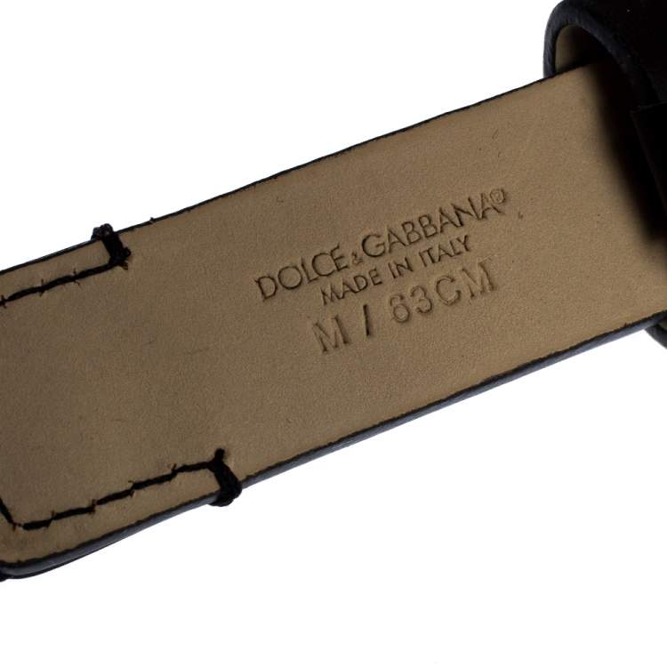 Pre Owned Dolce & Gabbana Black Leather and Elastic Logo Plaque Belt 63CM