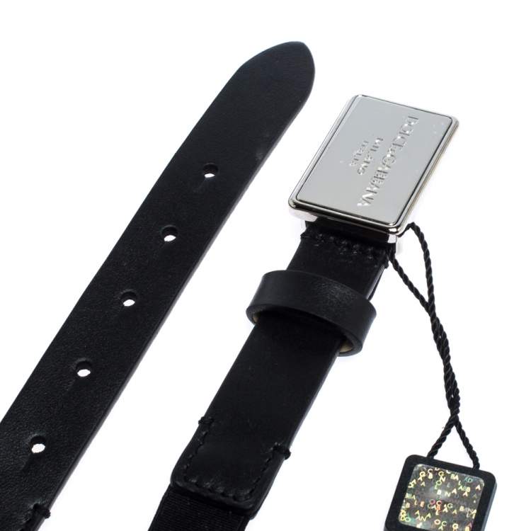 Pre Owned Dolce & Gabbana Black Leather and Elastic Logo Plaque Belt 63CM