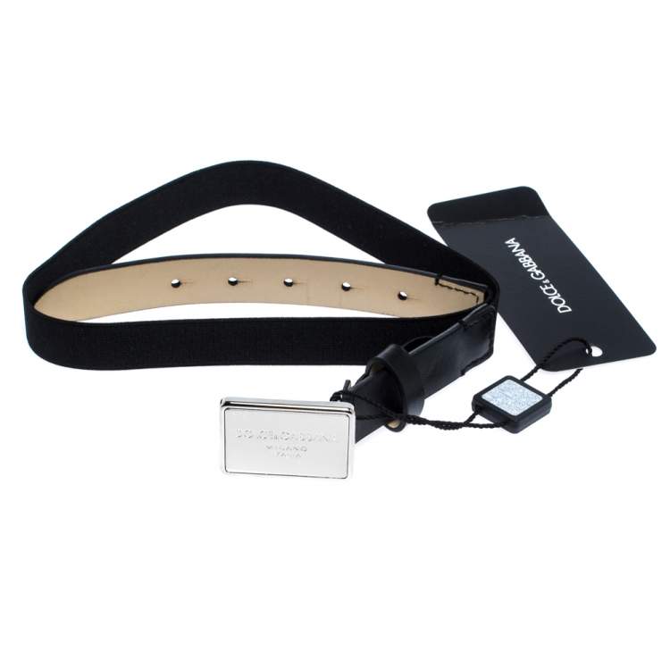 Pre Owned Dolce & Gabbana Black Leather and Elastic Logo Plaque Belt 63CM