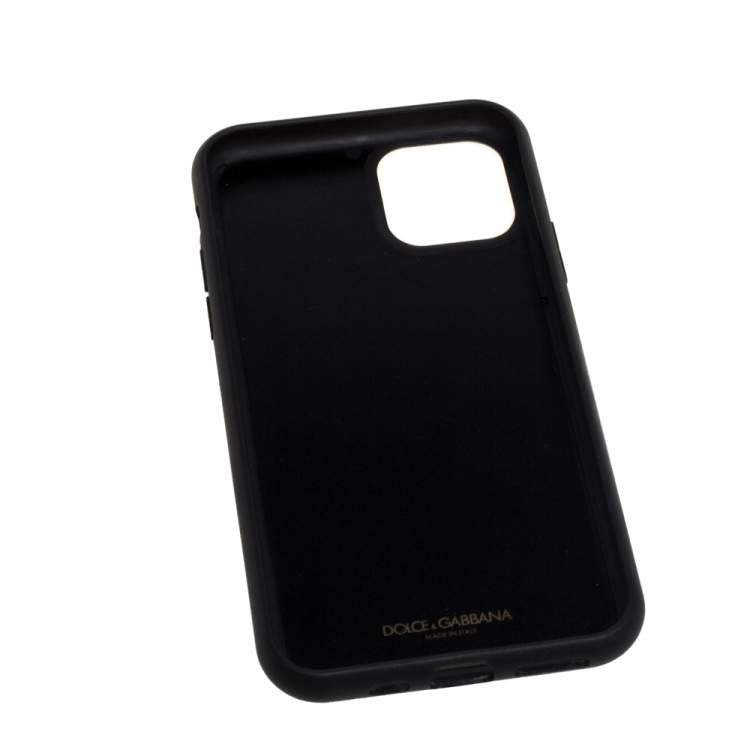 Pre Owned Dolce & Gabbana Black Leather Crystal Logo iPhone 12 Case