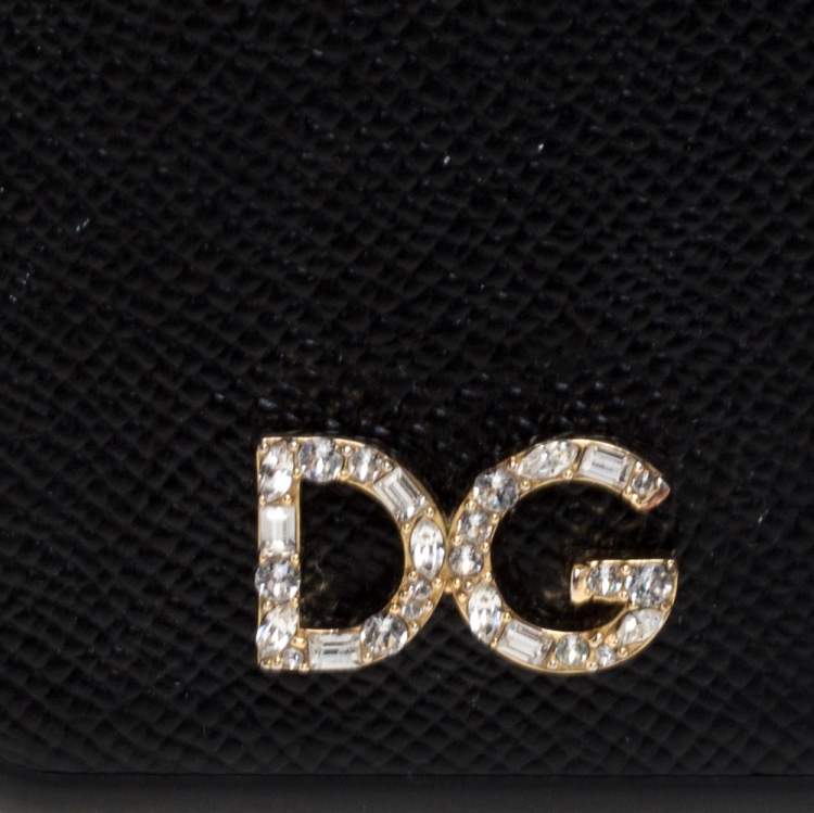 Pre Owned Dolce & Gabbana Black Leather Crystal Logo iPhone 12 Case