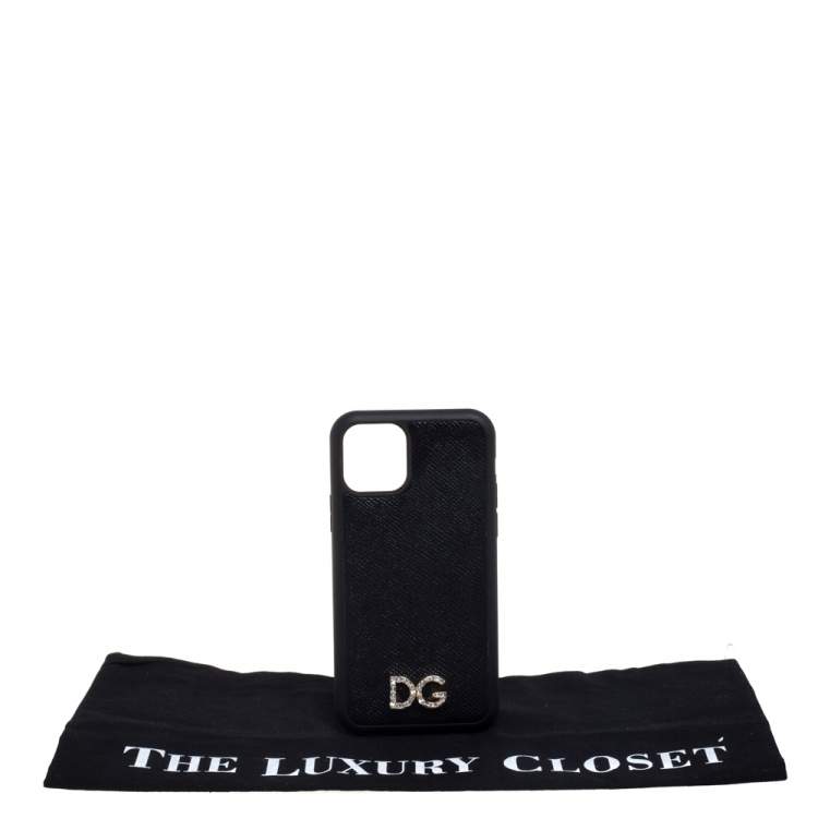 Pre Owned Dolce & Gabbana Black Leather Crystal Logo iPhone 12 Case