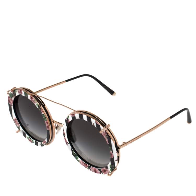 Pre Owned Dolce & Gabbana Rose Gold/Floral Print DG 2198 Round Gradient Sunglasses