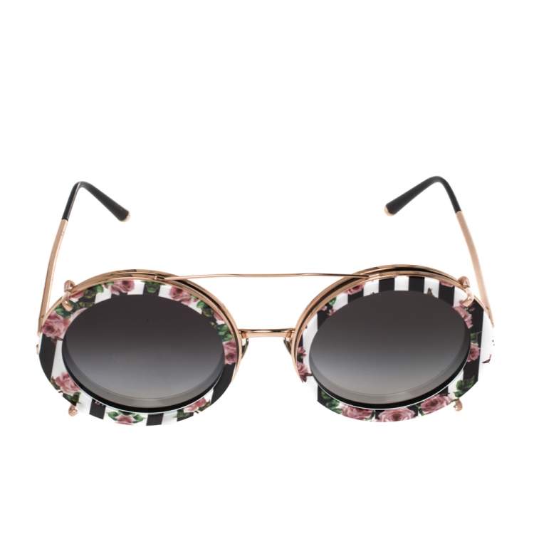 Pre Owned Dolce & Gabbana Rose Gold/Floral Print DG 2198 Round Gradient Sunglasses