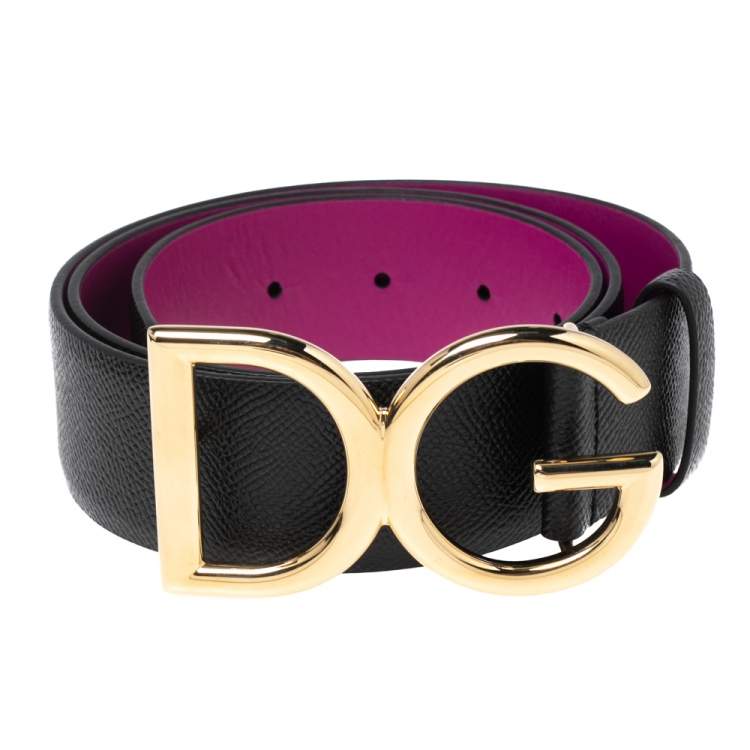 Pre Owned Dolce & Gabbana Black/Pink Leather DG Logo Buckle Belt 90M