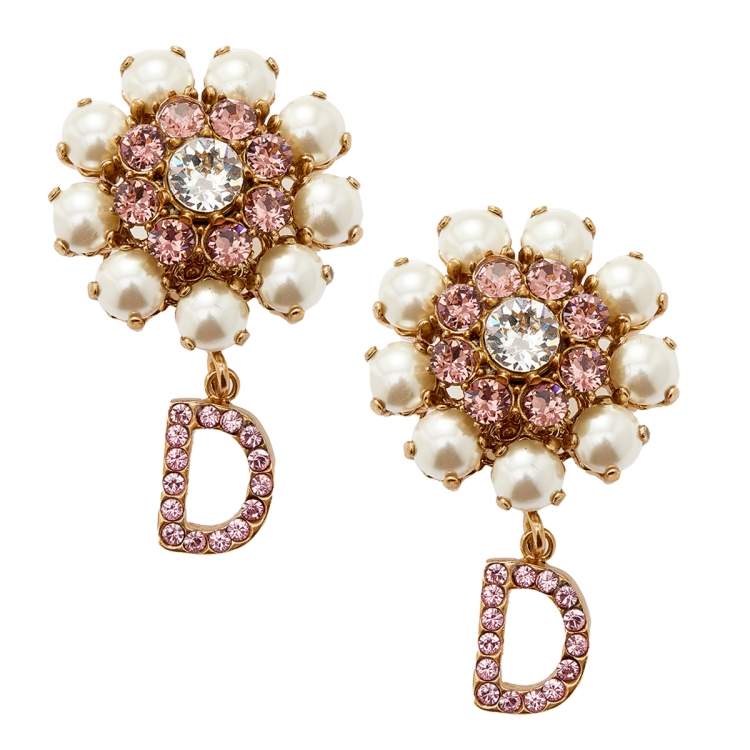 Pre Owned Dolce & Gabbana Crystal Faux Pearls Gold Tone Metal Clip on Earrings