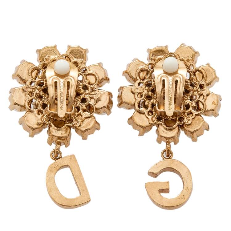 Pre Owned Dolce & Gabbana Crystal Faux Pearls Gold Tone Metal Clip on Earrings