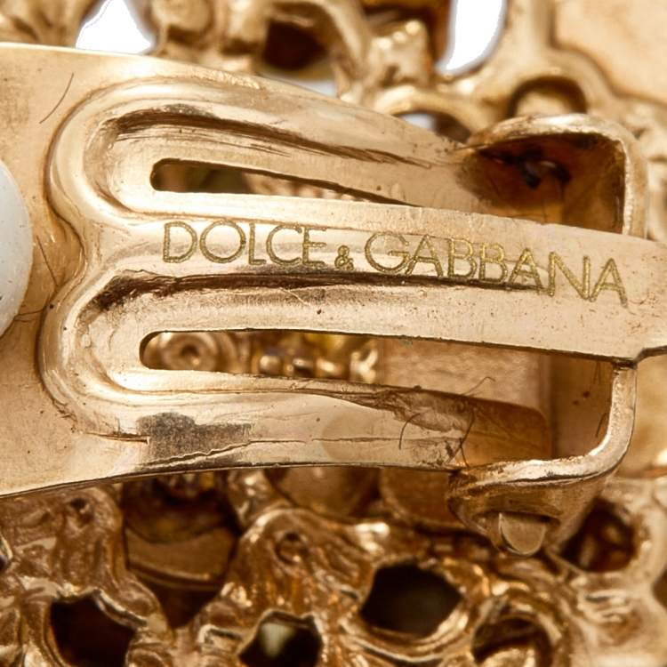 Pre Owned Dolce & Gabbana Crystal Faux Pearls Gold Tone Metal Clip on Earrings