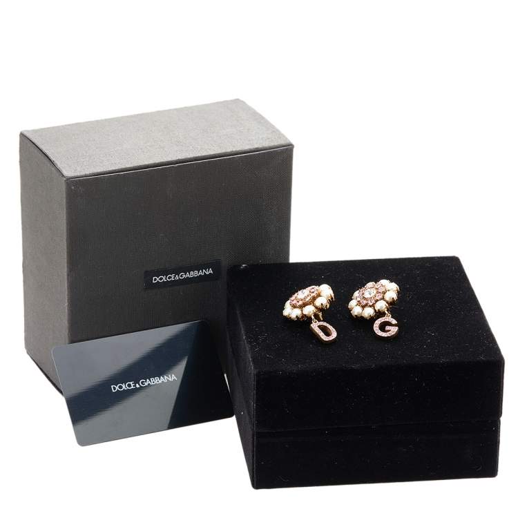 Pre Owned Dolce & Gabbana Crystal Faux Pearls Gold Tone Metal Clip on Earrings