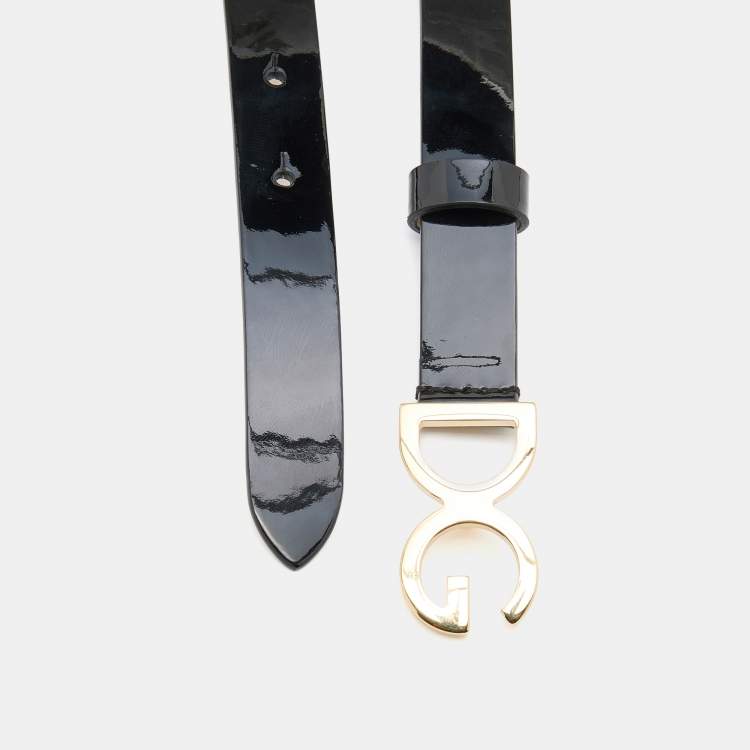 Pre Owned Dolce & Gabbana Black Patent Leather DG Logo Slim Belt 69CM