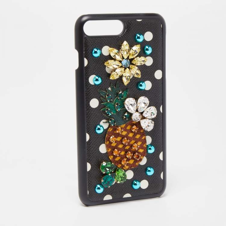 Pre Owned Dolce & Gabbana Black Polkadot Crystal Embellished Leather iPhone 7 Plus Case