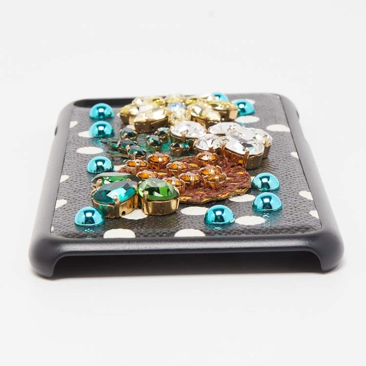 Pre Owned Dolce & Gabbana Black Polkadot Crystal Embellished Leather iPhone 7 Plus Case