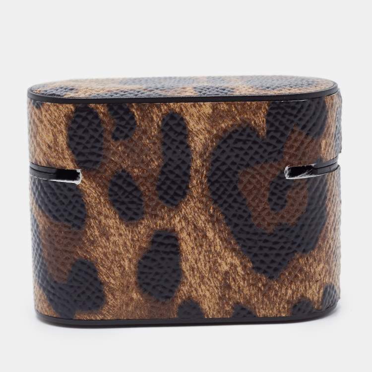 Pre Owned Dolce & Gabbana Brown/Black Leopard Print Leather Airpods Case